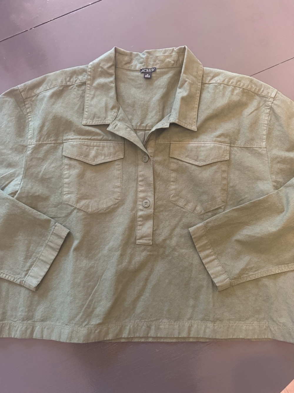 J.Crew Popover Cropped Shirt Sz M Cotton Linen Blend Green Denim Utility Boxy - Picture 4 of 10